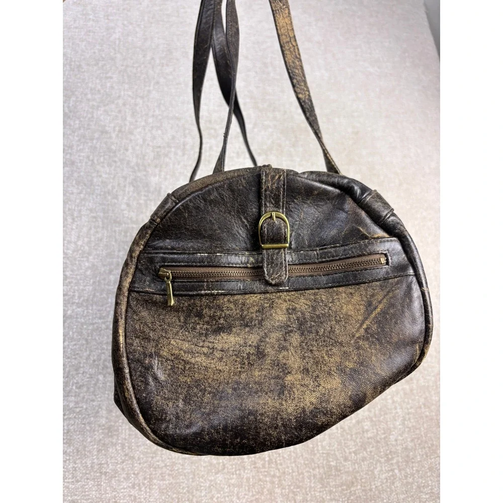 Vintage Meyers USA Distressed Brown Leather Barrel Shoulder Bag Satchel Brass